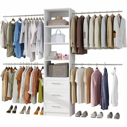 6FT-15FT Wooden Closet Organizer System With 8 Expandable Hanging Rods And Shelves, Closet Shelving System For Walk In Closet For Bedroom,Wall Mount, White 2 Sets