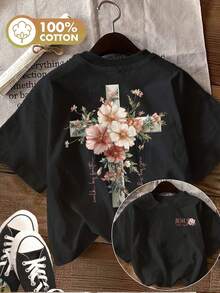Women's Casual Summer T-Shirt With Double-Sided Watercolor Print, Featuring A Cross And Flower Design, "Walk By Faith This Is", Round Neck, Short Sleeves, Ling K - 黑色 - 查看 7