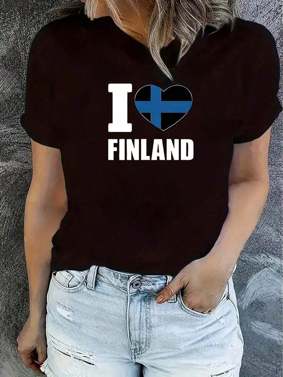 1 Camiseta Deportiva Casual de Moda para Hombre y Mujer con Cuello Redondo y Estampado de la Bandera Finlandesa, Ropa Deportiva para Mujer--Camiseta Básica Casual Versátil con Cuello Redondo, fácil de combinar, adecuada para uso diario, estilo urbano, ropa de vacaciones, ropa de fin de semana. - Negro - Ver 1