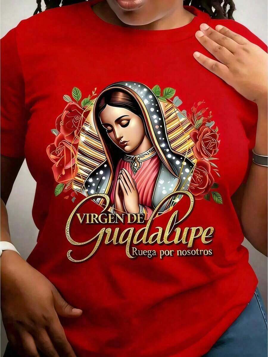 1 Piece Fashion Casual T-Shirt For Men And Women With Religious Print Of The Virgin Of Guadalupe, Catholic Faith Symbol Design, For Outdoor Activities And Casual Wear, Short Sleeve Sport Style For All Seasons - Very Versatile, Easy To Match, For Daily Wear, Urban Style, Holiday Wear, Weekend Wear. - 紅色 - 查看 1