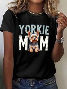 Women's YORKIE MOM Terrier Print T-Shirt - Casual Short Sleeve Crew Neck Top With Yorkie Puppy And Mom, Machine Washable Clothes For Pet Lovers And Yorkie Owners, Spring And Summer Outfits - 黑色 - 查看 1