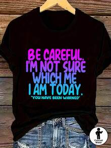 Plus Size Women's Casual Short Sleeve T-Shirt With Fun Print "I'm Not Sure Who I Am Today" - Bright Letters, Loose Fit, Crew Neck, Short Sleeve, Machine Washable, Black, For Casual Summer - 黑色 - 查看 1