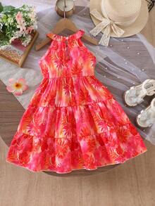 Vestido camisola con estampado tie-dye para niñas, camisola con volantes y lazo rosa, vestido suelto de línea A con tres capas de volantes - Naranja Coral - Ver 4