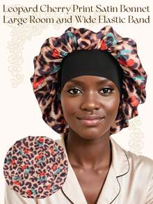 Leopard Print & Cherry Blossom Satin Sleeping Cap - Anti-Static Silk Sleeping Cap With Loose Elastic Band, Large Size For Night Hair Care Coverage And Natural Hair Texture - Yellow - View 3