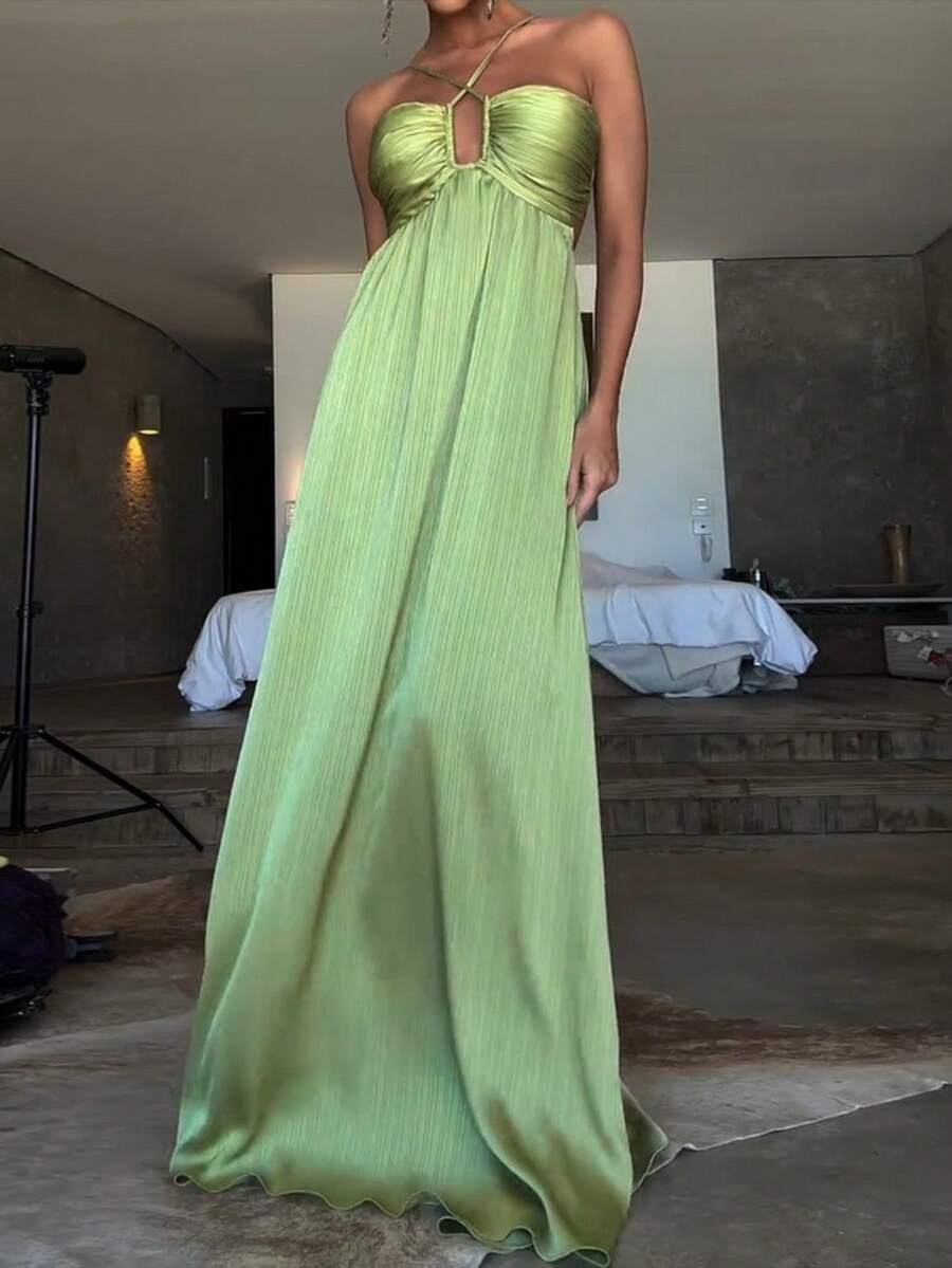 Nuevo Vestido Tirantes Cruzados Espalda Abierta Estilo Único Color Liso - Verde - Ver 1