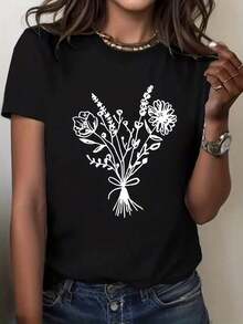 Comfortable Lightweight T-Shirts With Graphic Prints DIY Women's Fashion, Tops, T-Shirts, Shirts 100% Cotton, Popular Choice Loose Versatile Short Sleeve T-Shirt For Women - 黑色 - 查看 11