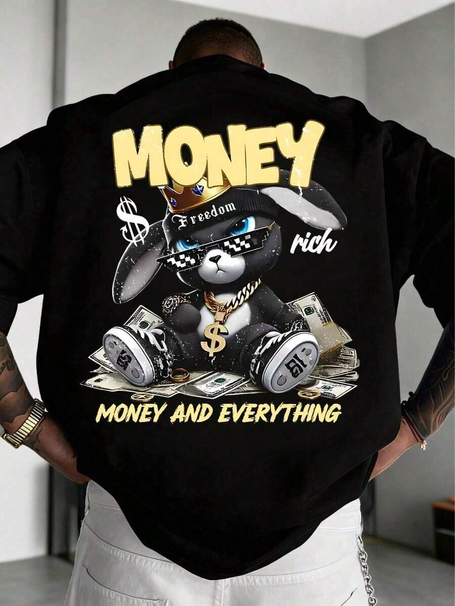 Zrgoth Camiseta de manga corta con diseño impreso de conejo de la riqueza, estilo urbano K-GLORY para hombres - Negro - Ver 1