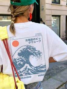 1 pieza de camiseta de verano para mujer, holgada, de cuello redondo y manga corta, con estampado de elementos japoneses de la ola de Hokkaido y el amanecer, adecuada para vacaciones, oficina, salidas, uso diario, citas, fiestas, reuniones, calle, carnaval, festival de música, Día de San Valentín, ocasiones de fiesta, color blanco casual. - Blanco - Ver 5