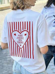 1 camiseta de verano para mujer, de corte holgado, cuello redondo, manga corta, con estampado de corazones a rayas "MORE AMORE PER FAVORE", adecuada para vacaciones, oficina, salidas, uso diario, citas, fiestas, reuniones, uso en la calle y otras ocasiones informales, color blanco. - Blanco - Ver 6