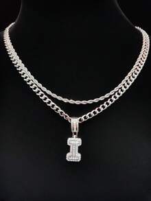 Bộ 2 món: 1 mặt dây chuyền chữ cái đính đá Cubic Zirconia & 2 dây chuyền thép không gỉ, 26 chữ cái tiếng Anh, Dây chuyền mặt dây chuyền phong cách hip hop cổ điển dành cho nữ, Thích hợp đeo hàng ngày hoặc dự tiệc, Quà tặng ngày Valentine - Bạc - Xem 29