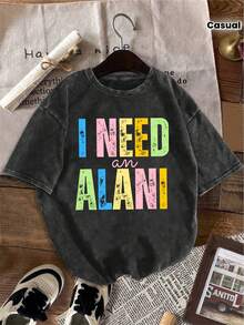 Estoy buscando una camiseta de manga corta con cuello redondo de estilo vintage, con la letra "Alani" impresa, adecuada para uso casual diario, con un efecto deslavado. 100% algodón lavado, manga corta, 180g - Negro - Ver 7