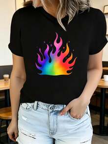 Camiseta de verano para mujer de manga corta con estampado, moderna y casual, lavable a máquina, ajuste cómodo con estampado plano 2D. - Negro_09 - Ver 12