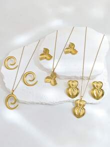 金色不鏽鋼項鍊耳環套組,多款心形星形花朵蝴蝶結款式,夏季海灘度假珠寶套組,送給女性她的禮物 - 金黃色 - 查看 5