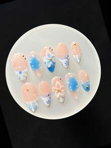 Handmade Press On Nails, 10Pcs Blue Pink 3D Flower Fake Nails With Water Drop & Lace Art, Oval Acrylic Nails, Reusable False Nails For Daily/Party/Travel - Blue - View 9
