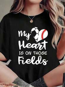 My Heart Is In Those Fields - Funny T-Shirt For Mom Who Plays Soccer Or Baseball, Printed T-Shirt, Casual Crew Neck, Short Sleeve, Summer Top - 黑色 - 查看 6