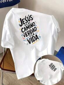 Short-Sleeved T-Shirt With A Print Of The Bible Quote "Jesus Is The Way, The Truth, And The Life" On The Front And Back, Round Neck, Casual Style For Women - Women's Clothing, Comfortable Fit, Classic Design. - 白色 - 查看 8