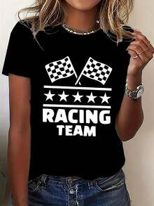 Women's 100% Cotton Racing Team Logo T-Shirt - Short Sleeve T-Shirt With Pink Checkered Flag And Team Print, Soft Crew Neck Casual Racing Wear, Machine Washable For All Seasons, Suitable For Events And Everyday Wear (Available In Multiple Colors/Sizes) - Team Style - Everyday Wear T-Shirts - 黑色 - 查看 1