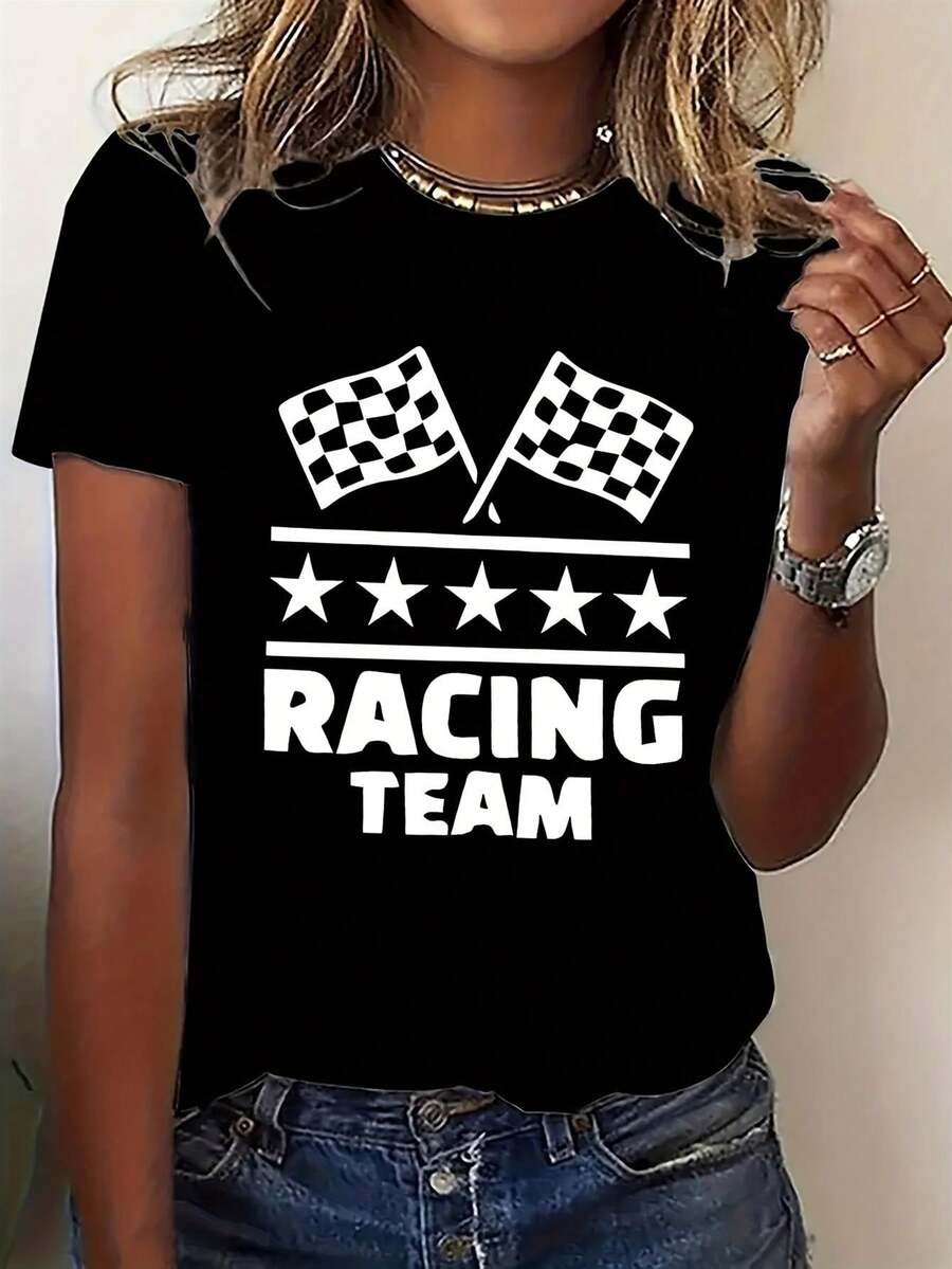 Women's 100% Cotton Racing Team Logo T-Shirt - Short Sleeve T-Shirt With Pink Checkered Flag And Team Print, Soft Crew Neck Casual Racing Wear, Machine Washable For All Seasons, Suitable For Events And Everyday Wear (Available In Multiple Colors/Sizes) - Team Style - Everyday Wear T-Shirts - 黑色 - 查看 1