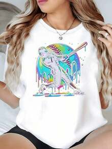 Colorful Figure Of A Baseball Player Hitting A Ball On A  Background Symbolizing Energy And Passion For The Sport. Women's T-Shirt, 100% High-Quality Cotton, Casual And Modern. - 白色的 - 查看 8