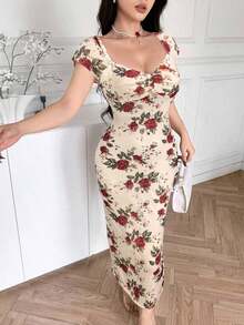 Vestido ajustado estampado casual para mujer - Albaricoque - Ver 7