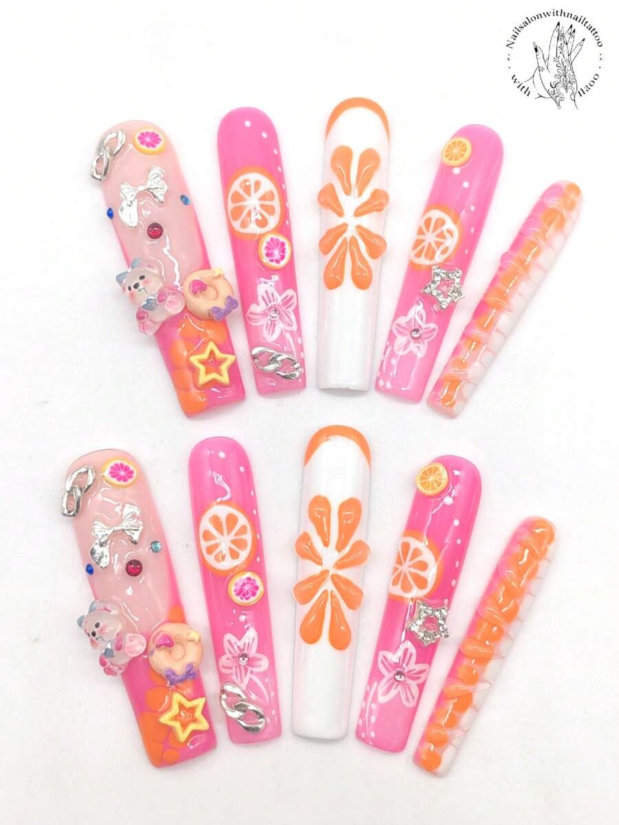 Juego de 10 piezas de uñas postizas hechas a mano, forma de ataúd de 45mm, que incluye colores rosa, púrpura y blanco, con decoración de rodaja de naranja, oso 3D, donut, lazo plateado, estrella amarilla, accesorios de cadena de metal, relieve de fruta de rodaja de naranja, decoración floral pintada a mano. Arte de uñas personalizado, adecuado para ocasiones casuales, fiestas y actuaciones. Uñas - Multicolor - Ver 1