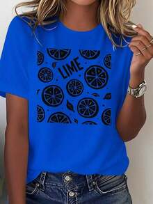 Women's Lightweight T-Shirt In Pure White With A Lime Slice And Lime Leaf Print - White With Green Lime Slices And The Word LIME, Casual Short-Sleeved Crew Neck Top For Summer, Breathable Casual Wear, Mexican Style Clothing, Machine Washable, 100% Cotton, A Popular Choice. Women's Blouses Shirt - 藍色的 - 查看 7