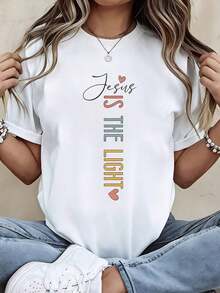 1 "Jesus Is The Light" White Casual Short-Sleeved T-Shirt With Religious Text Graphic Design And Heart, 180g, 100% Cotton. - 白色 - 查看 7