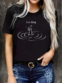 Women's One-Piece Sports T-Shirt With Anime And Letter Print, Simple Design, Comfortable And Breathable, Suitable For Casual Daily Wear, Showing A Natural And Elegant Style, A Must-Have For Summer Parties, Local Shipping, New Summer Fashion Garment, Mother's Day Gift, Moisture-Wicking Casual Gym Wear. - 黑色 - 查看 1