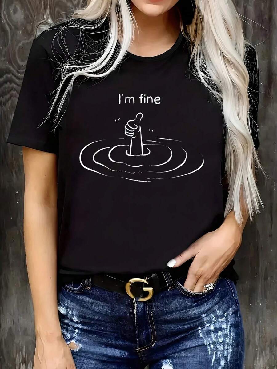 Women's One-Piece Sports T-Shirt With Anime And Letter Print, Simple Design, Comfortable And Breathable, Suitable For Casual Daily Wear, Showing A Natural And Elegant Style, A Must-Have For Summer Parties, Local Shipping, New Summer Fashion Garment, Mother's Day Gift, Moisture-Wicking Casual Gym Wear. - 黑色 - 查看 1