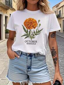 Women's Short Sleeve Basic T-Shirt With Round Neck And Marigold Floral Print "OCTOBER MARIGOLD" For Appreciating Autumn Flowers And Outdoor Walks. Leisure - 白色 - 查看 7