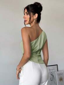 Blusa plisada elegante, romántica y de estilo sexy sin mangas, adecuada para fiestas, vacaciones y uso diario - verde menta - Ver 6