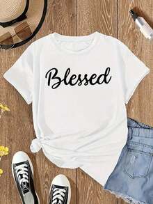 Women's Casual Crew Neck T-Shirt, 5.15, Short Sleeve, Printed Design, Casual Style, All Seasons, Casual Wear | Graphic Print T-Shirt | Soft Texture Blouse, Shirt > Beautiful. - 白色 - 查看 4