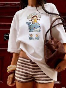Girl And Blue Whale T-Shirt, Fashionable Short-Sleeved T-Shirt For Spring And Summer 2026, Made In Mexico, 180 Grams. Cartoon Print, Couple Design, Suitable For Indoor Or Outdoor Wear. Crew Neck, Unisex, Ideal For Office And Leisure. One-Pack. - WH-P631577SLNDXZGY556 - 查看 3