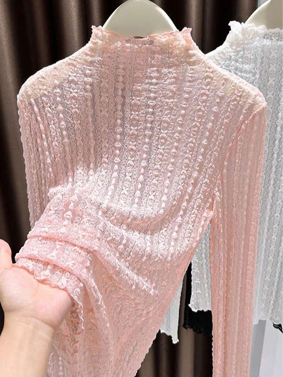Women's Turtleneck Long Sleeve Sheer Frill Trim T-Shirt Casual Pink - Pink - View 1