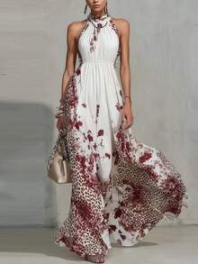 Women's White Dress With Floral And Red Animal Print, Halter Neck With Laces, Long Wide Maxi Skirt, Lightweight Fabric Ideal For The Beach, Summer Vacations And Outdoor Parties, Boho Elegant Style - 白色 - 查看 1