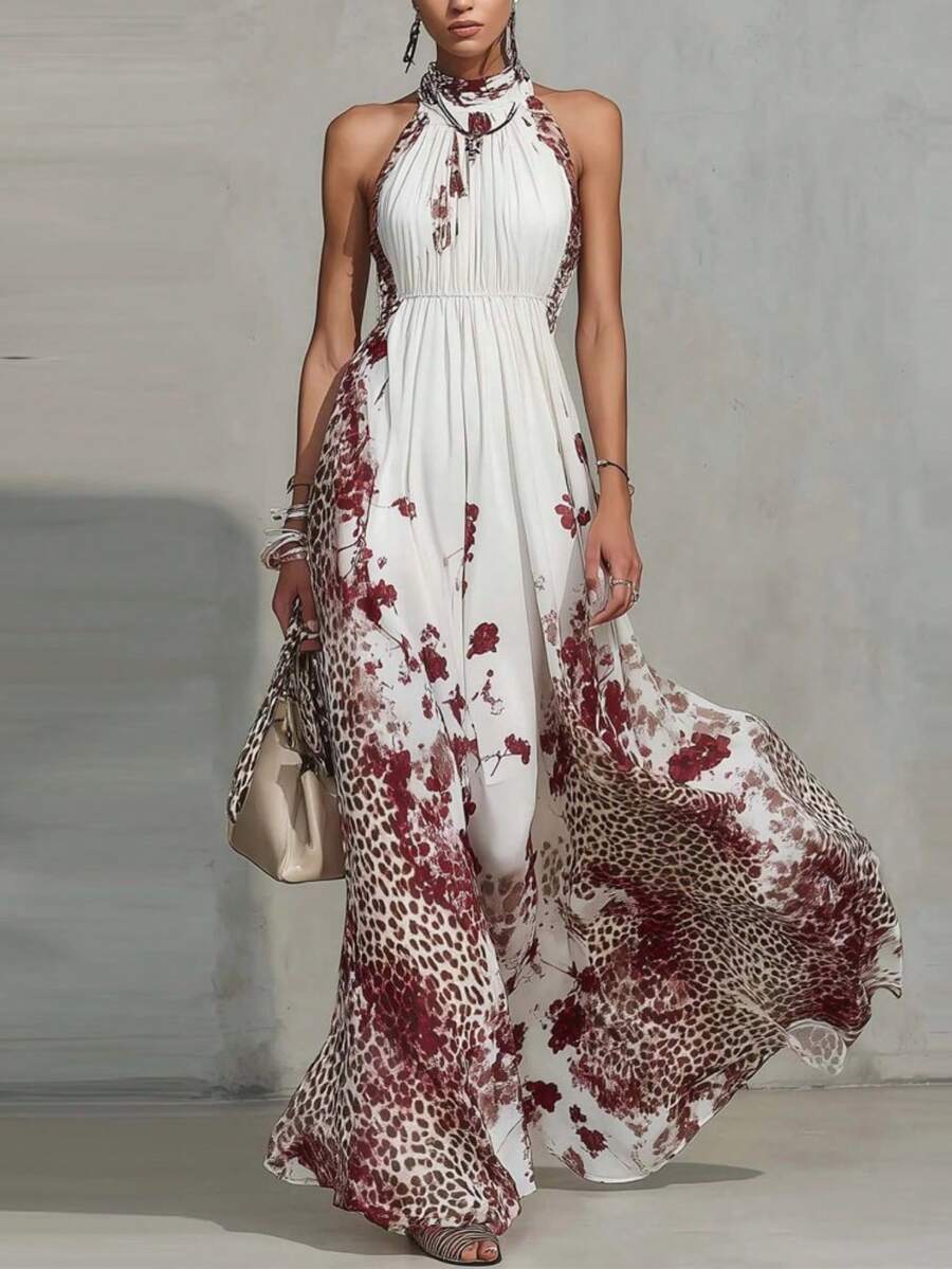 Women's White Dress With Floral And Red Animal Print, Halter Neck With Laces, Long Wide Maxi Skirt, Lightweight Fabric Ideal For The Beach, Summer Vacations And Outdoor Parties, Boho Elegant Style - 白色 - 查看 1