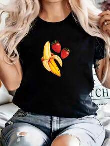 Women's T-Shirt With Banana And Strawberry Print, Short Sleeve, Round Neck, Casual Elegant And Urban Style, Lightweight Sportswear, Ideal For Daily Fashion, Beach Holidays, Comfortable, Breathable, Machine Washable. - 黑色 - 查看 8