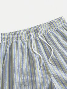 男士夏季對比色直條紋領短袖襯衫與短褲兩件套，休閒度假風 - 黃色 - 查看 5