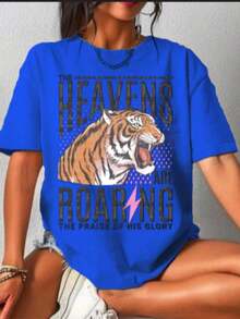 Suave Camisetas de Verano para Mujer, Camisetas de Mujer, Camiseta "El Cielo Ruge", Camiseta Vintage con Versículo Bíblico de Estilo Religioso, Temática Cristiana, Ropa de Algodón de Estética Retro, Estilo de Moda Casual y Elegante, Estilo Relajado, Almacén Local, Ropa de Verano Holgada y Cómoda para Mujer,  mujer, blusa para mujer, ropa deportiva de mujer - Azul - Ver 3