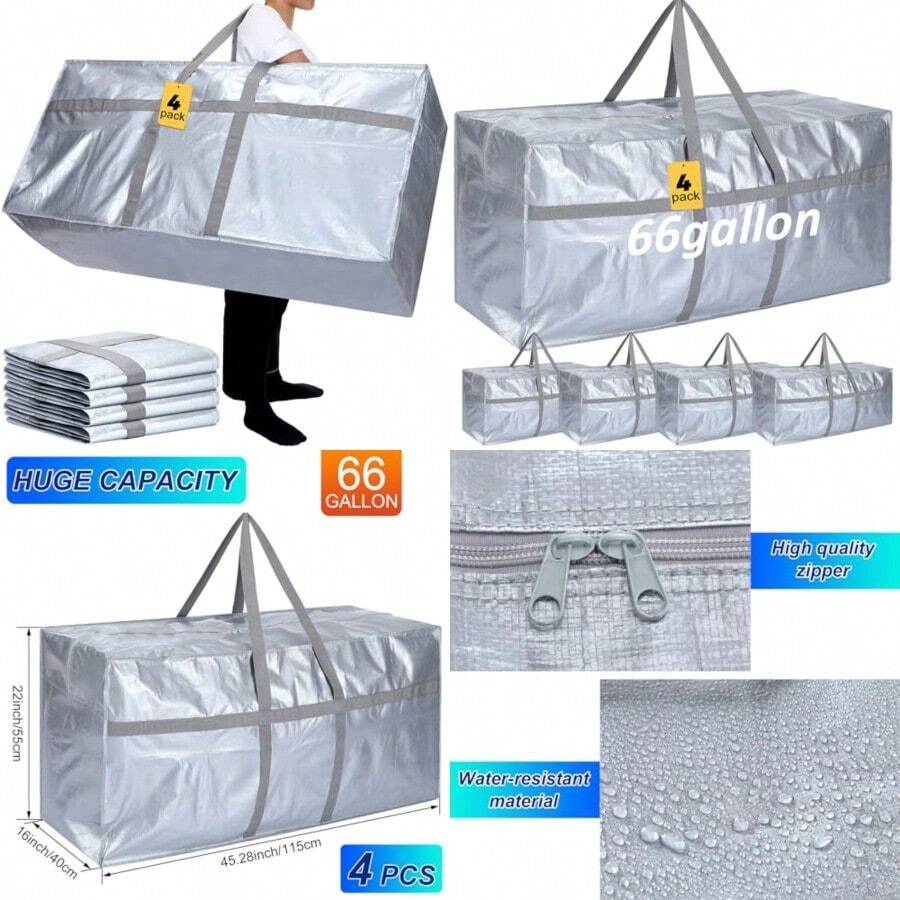 4 bolsas de transporte extra grandes de 66 galones, bolsa de almacenamiento resistente con fuerte asa de cierre, plegable, tamaño XXL, tamaño grande, caja de mudanza, para recámara - Gris - Ver 1