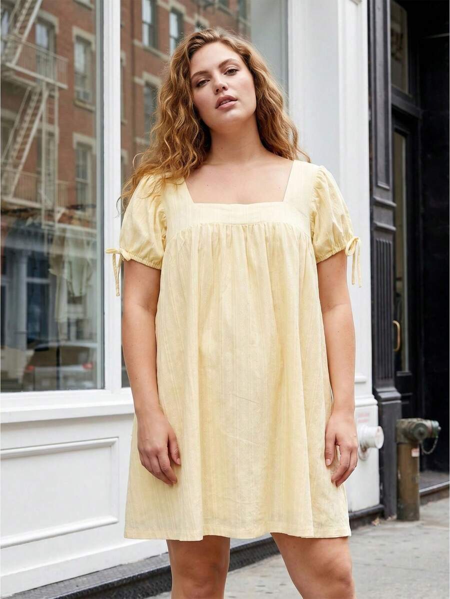 Womens Plus Size Square Neck Blouse Short Sleeve Babydoll Ruffle Tops Dress Oversized Casual Cute Peplum Top Y2K Ruffle Flowy Mini Dresses - Yellow - View 1
