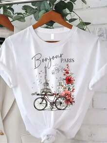Fashionable Casual T-Shirt With Giraffe Bubble Print, Round Neck, Vintage Style, Short Sleeve, For Women, Sizes S-XXL, Spring, Summer, Autumn - White 1 - View 1