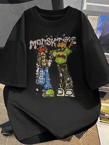 Men's Summer Cotton Urban Style T-Shirt - Urban Graphic Print With Cartoon Characters And Graffiti Text, Regular Fit, Crew Neck, Casual T-Shirt, Machine Washable, Everyday Comfort, Fun Design, Breathable Fabric, Plus Sizes. Loose-Fitting, Casual, And Versatile T-Shirt. - 黑色 - 查看 8