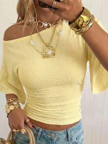 Camiseta corta de punto color albaricoque con mangas cortas estilo batwing para mujer de - Amarillo pálido - Ver 12