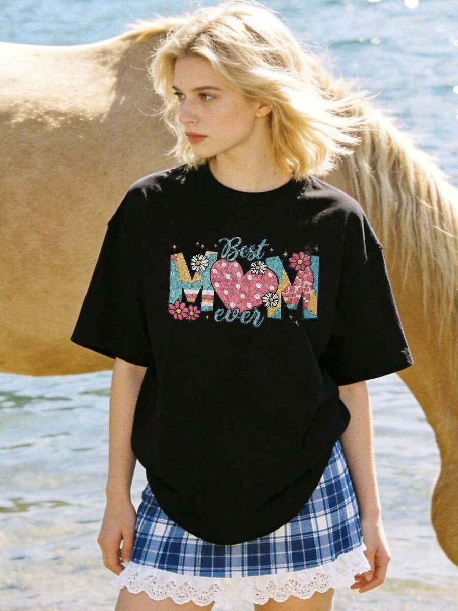 Women's Summer T-Shirt, Casual, Soft, Round Neck, Short Sleeve, With Pink Heart Floral Print, "World's Best Mom". Black. - 黑色 - 查看 1