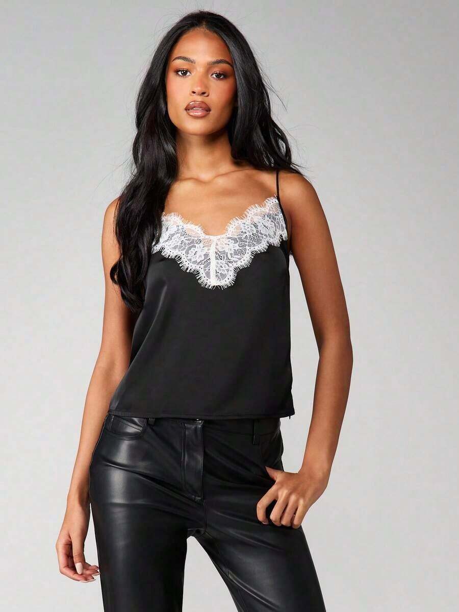 Top de satén con escote en V, tirantes finos, estilo elegante de camiseta, para primavera y verano - Negro - Ver 1