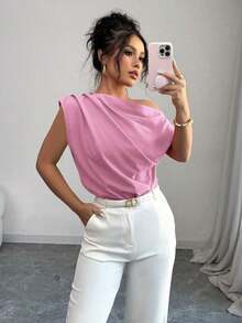 Blusa de unicolor con cuello asimétrico y plisado a la moda para mujeres - Rosa - Ver 6