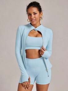 Chaqueta de manga larga para mujer con agujeros para el pulgar, 2 bolsillos, parte superior deportiva para correr y hacer ejercicio, color negro, primavera - Azul cielo - Ver 5