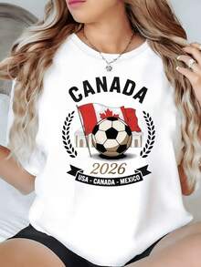 A Canadian Flag Waving Next To A Soccer Ball Symbolizes The Sporting Unity Between Countries For The 2026 Tournament, Inspiring A Passion For The Game. Modern Casual Women's T-Shirt - 白色 - 查看 8