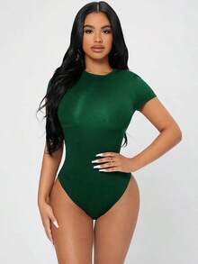 Body de mujer de manga corta, color blanco sólido, de uso versátil y casual - Verde Oscuro - Ver 4